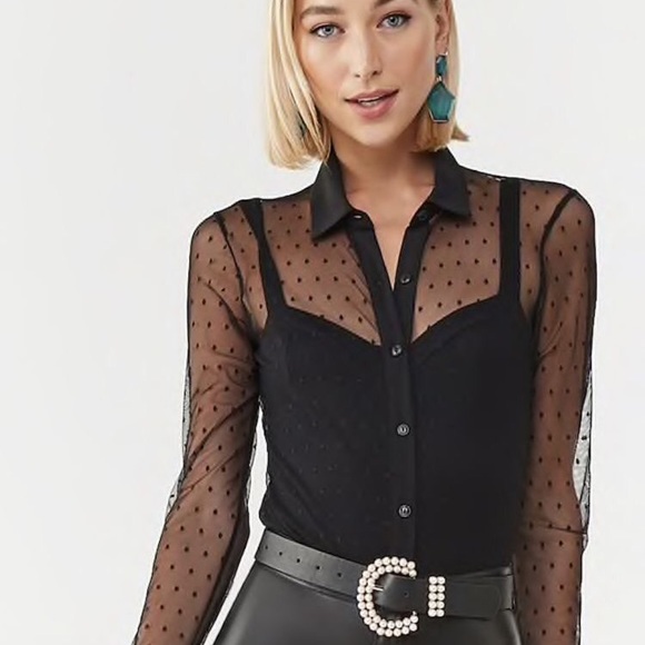 Sheer Black Polka-Dot Button Up Top - Picture 1 of 2